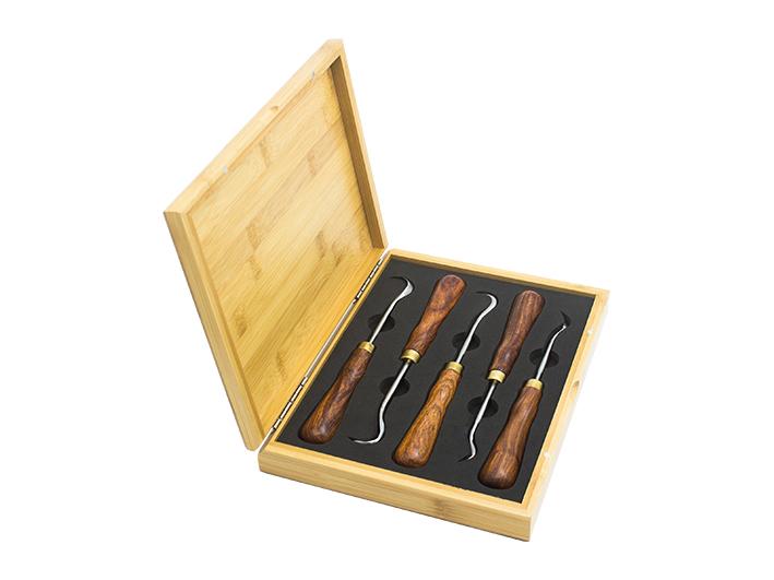 Set mit 5 Schnitzereien aus Edelstahl mit Holzkiste für Bonsai (SG01)