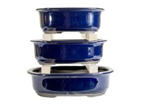 Vasi per bonsai Giapponesi Morrisan ovali in gres smaltati blu (Set da n.3 pezzi) - B21-21