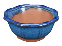 Vaso per bonsai ottagonale (forma a fior di loto) in gres smaltato blu-verde scuro 8,5x8,5x3,5 cm - XC004