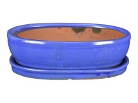 Vaso + sottovaso per bonsai ovale in gres smaltato blu 28x21x7 cm - GA13VS