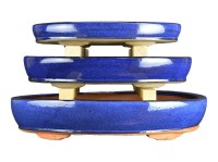 Vasi per bonsai ovali in gres smaltati blu (Set da n.3 pezzi) - BJA6